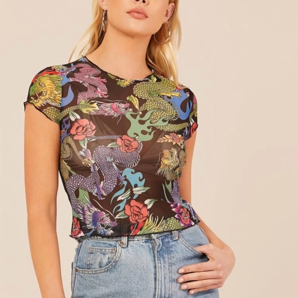 Dragon Print Sheer Mesh Crop Top